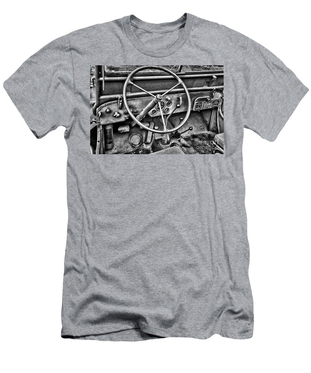 Vintage Jeep Steering Wheel Black and White Paul Ward T-Shirt