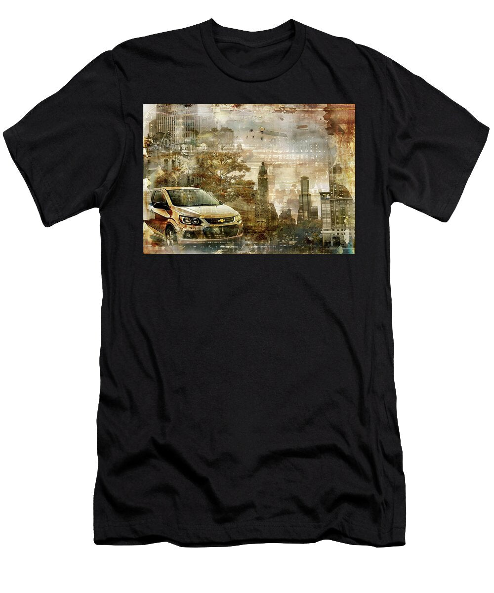 Vintage Muscle Chevrolet Sonic Car in a Grungy Cityscape Kyran Estrada T-Shirt