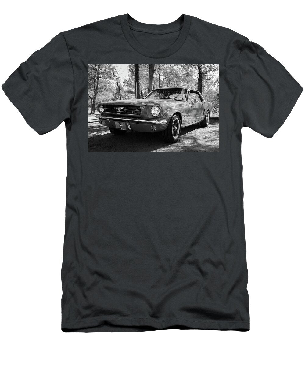 Vintage Mustang Classic Car in Black and White Forest Setting John Taylor T-Shirt