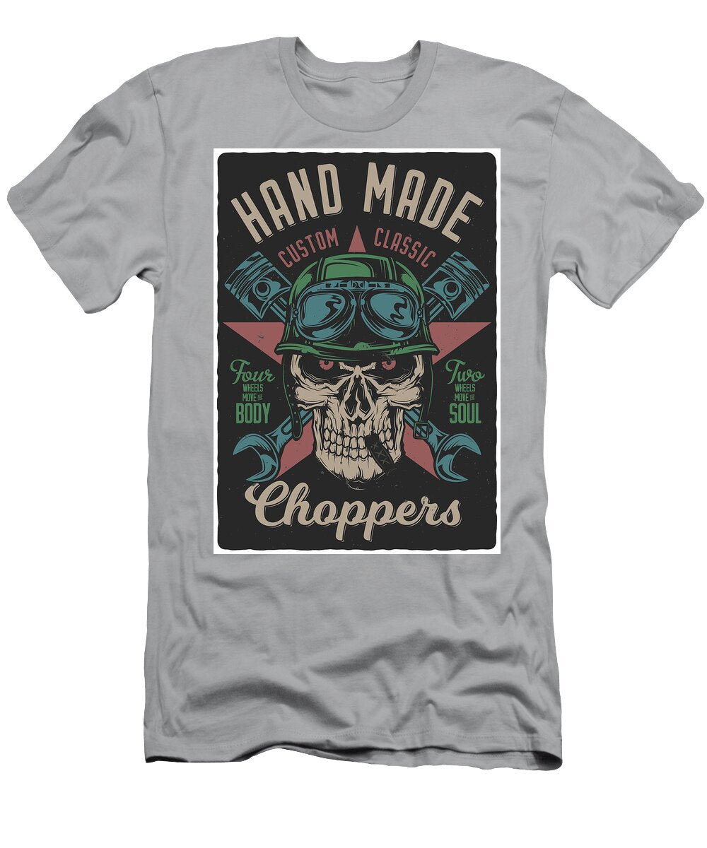 Vintage Poster Motorcycle Theme Skull Pistons and Wrenches Amy Turner T-Shirt