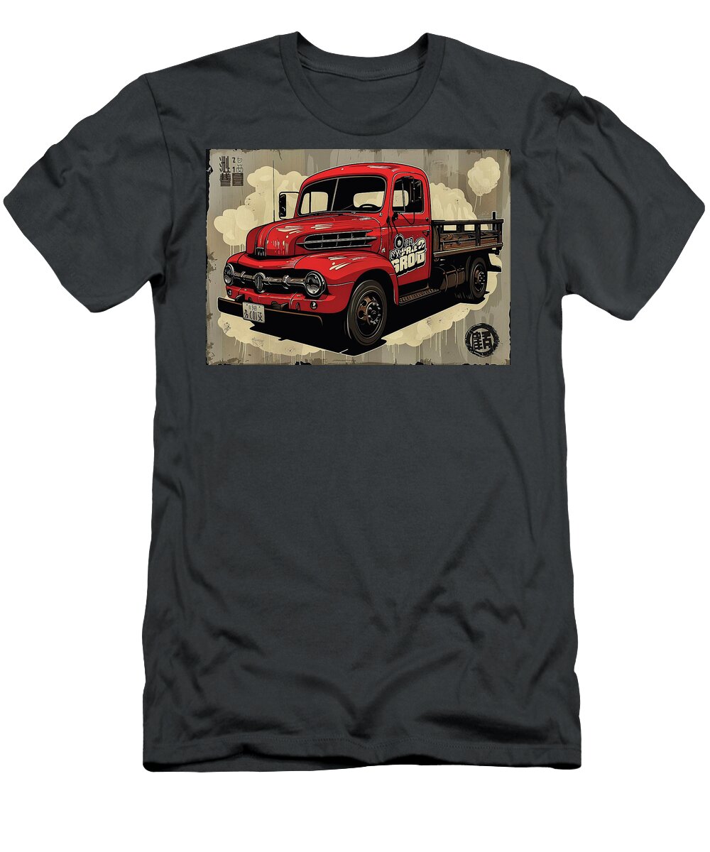 Vintage Red Flatbed Truck Illustration Classic Ford Transit Chassis Cab Car Design Destiney Sullivan T-Shirt