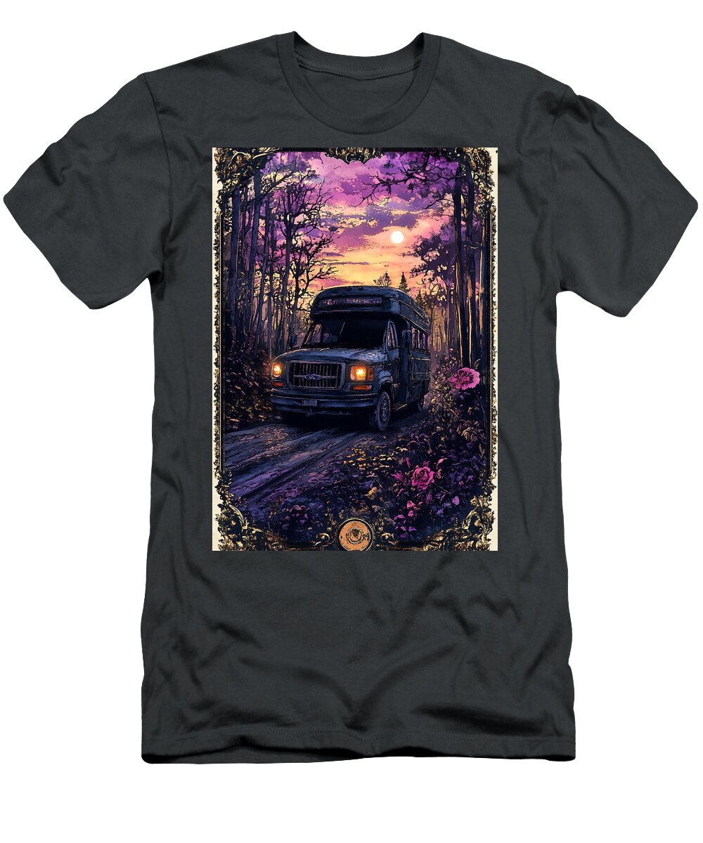 Vintage Van Driving Through a Forest At Sunset Kyran Estrada T-Shirt