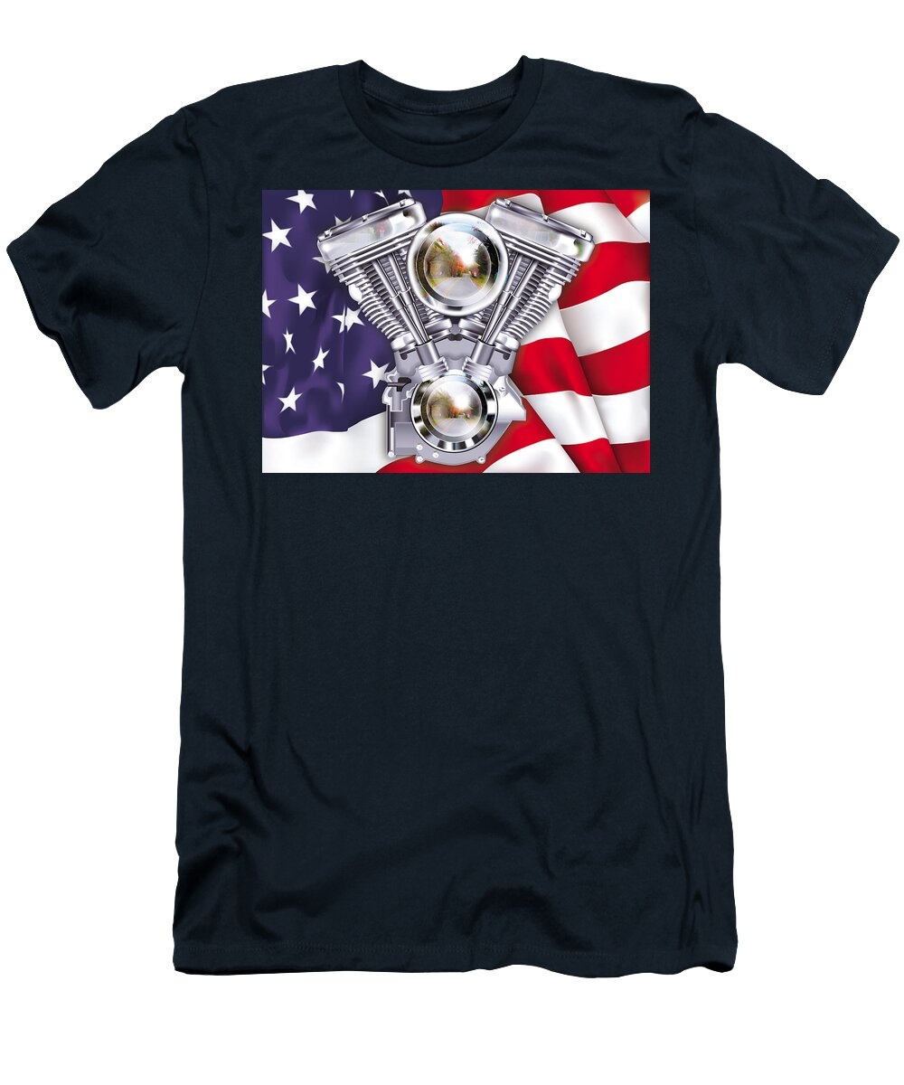 Vtwin Engine and Flag Linda Carruth T-Shirt