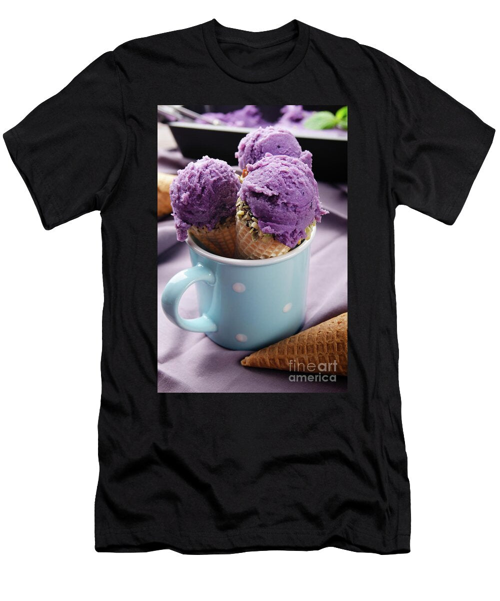 Wafer Cones with Blackberry Icecream in Blue Mug on Wooden Kitch Olena Mykhaylova T-Shirt