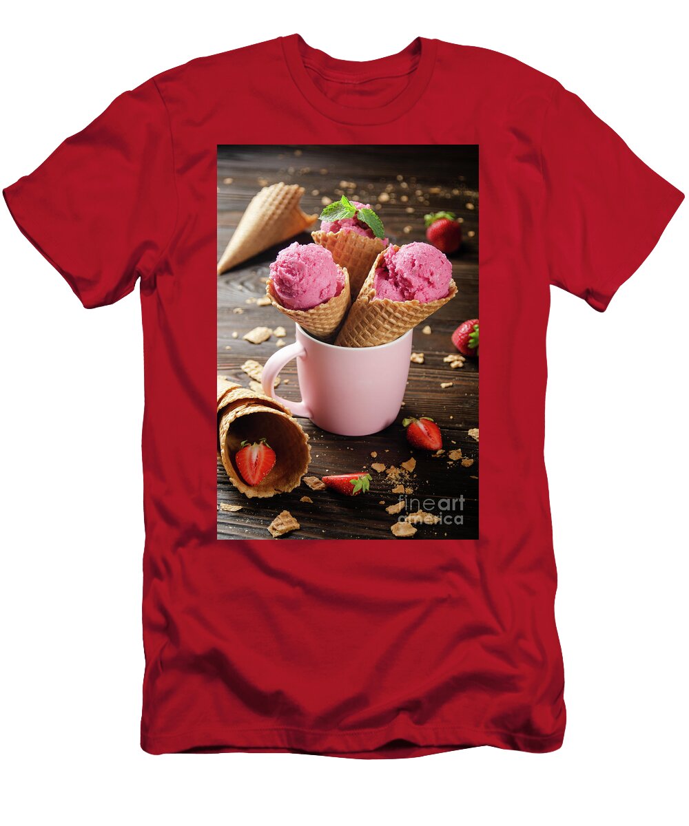 Wafer Cones with Strawberry Icecream in Pink Mug on Wooden Kitch Olena Mykhaylova T-Shirt