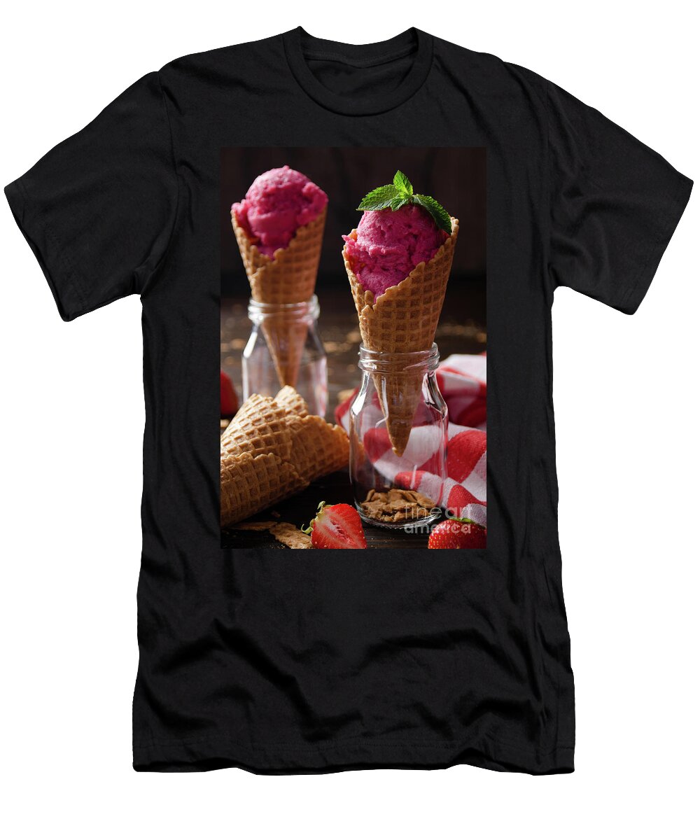 Wafer Cones with Strawberry Icecream in Two Glass Bottles on Woo Olena Mykhaylova T-Shirt