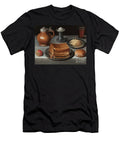 Waffles and Butter on Pewter Plates with an Apple Roll Jug Standing Salt and a Beer Glass with Prunts on a Cloth Covered Table German School T-Shirt