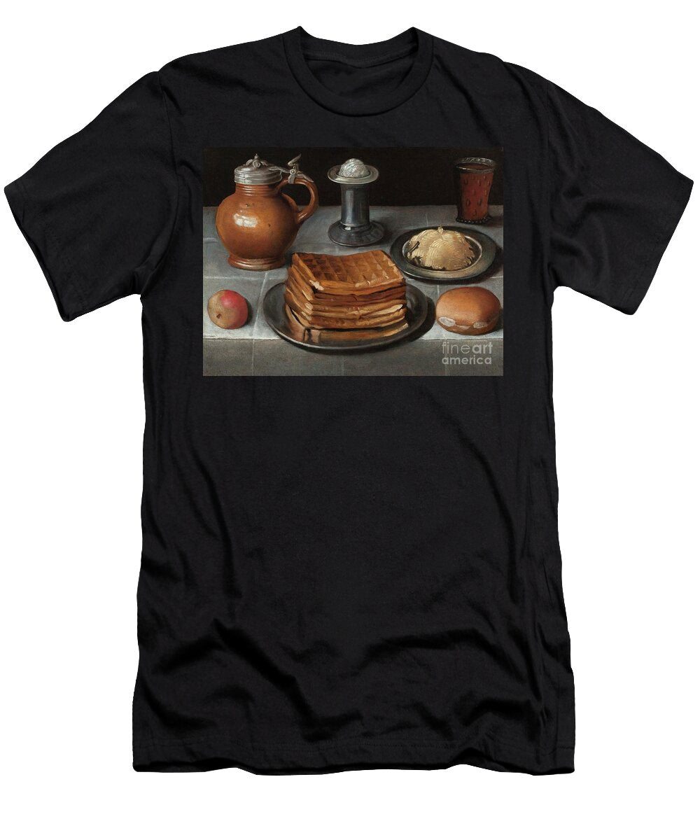 Waffles and Butter on Pewter Plates with an Apple Roll Jug Standing Salt and a Beer Glass with Prunts on a Cloth Covered Table German School T-Shirt