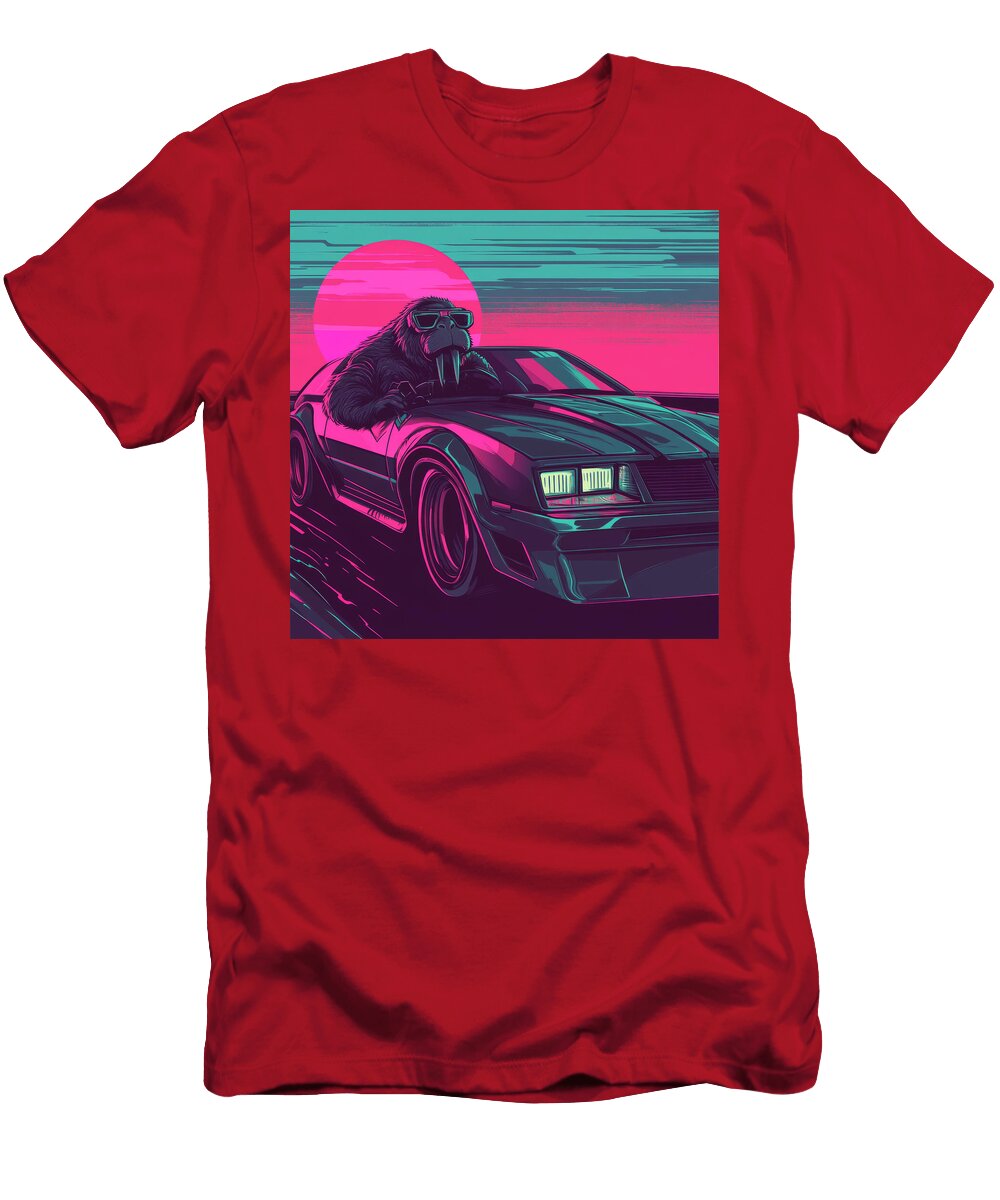 Walrus in Sunglasses Driving Retro Car At Sunset Jodie Rosies T-Shirt