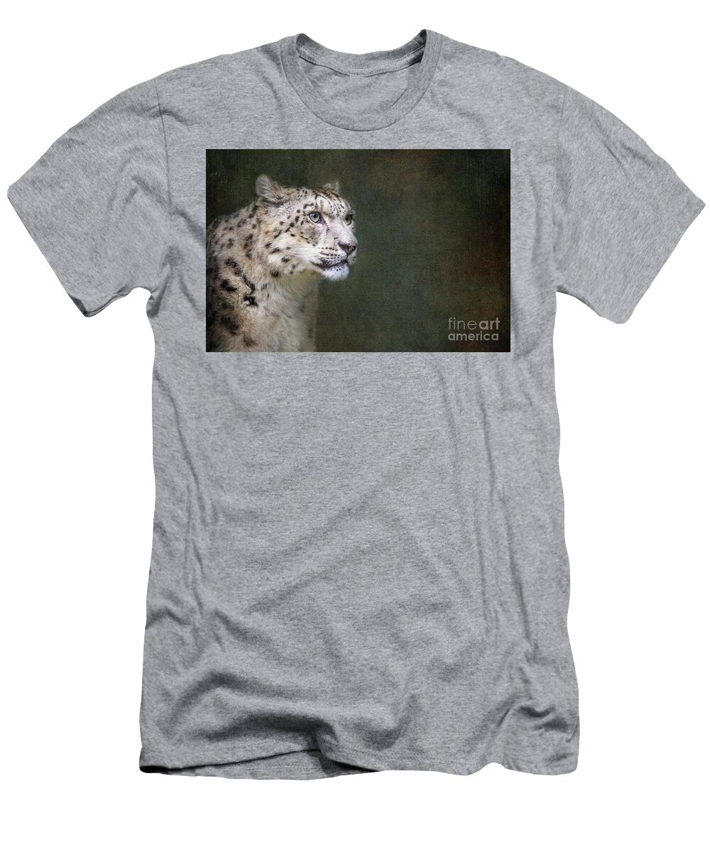 Watchful and Alert Adult Snow Leopard Face Closeup with Space Fo Jane Rix T-Shirt