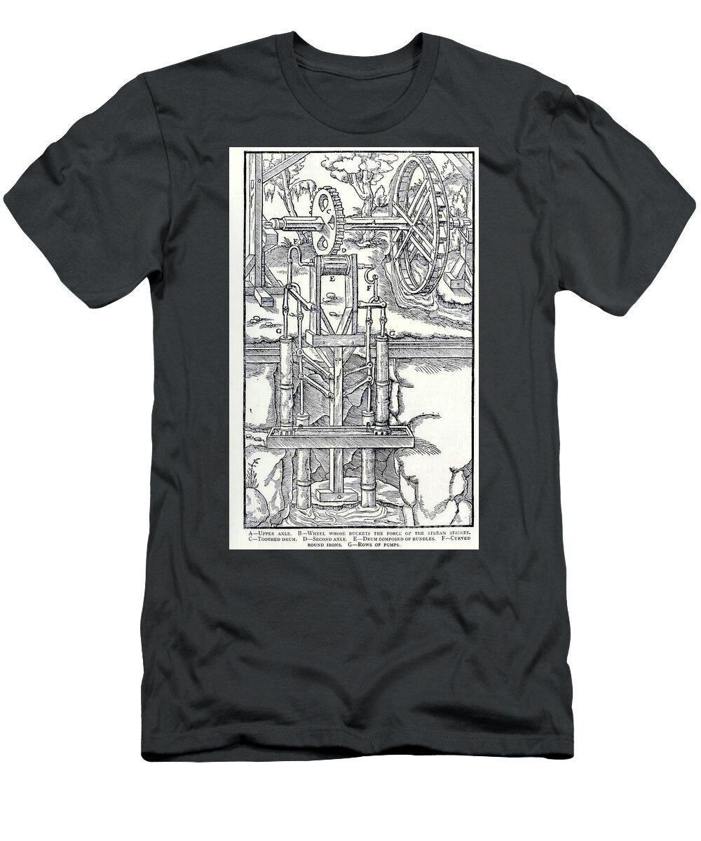 Water Wheel Powering Historical Mine Dewatering Pumps At3 Historic Illustrations T-Shirt