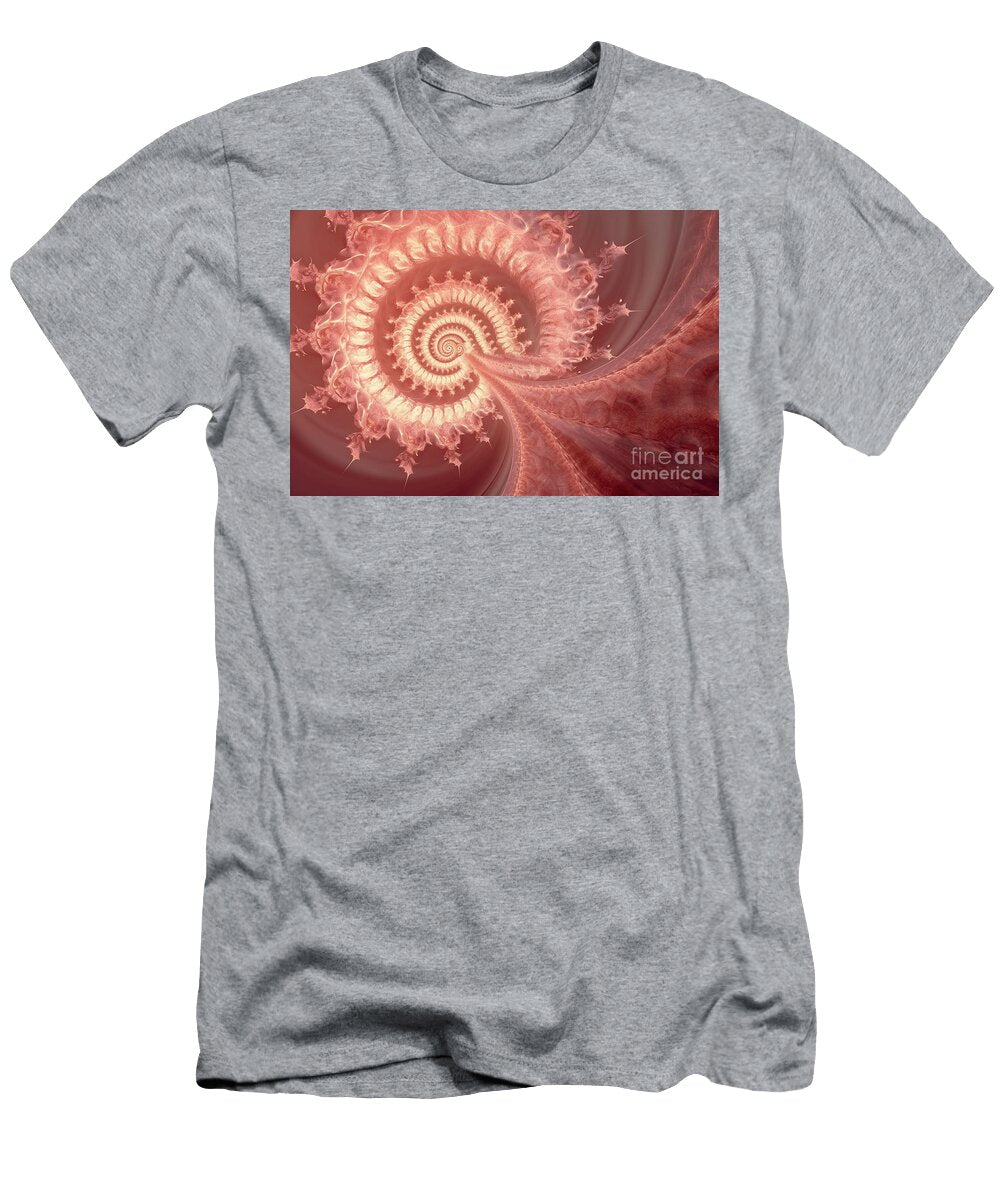 Whimsical and Nostalgic Calming Coral Nautilus Spiral Fractal Background Soft Dreamy Faded Orange Pink Abstract Conic Shell Pattern N Akkash T-Shirt