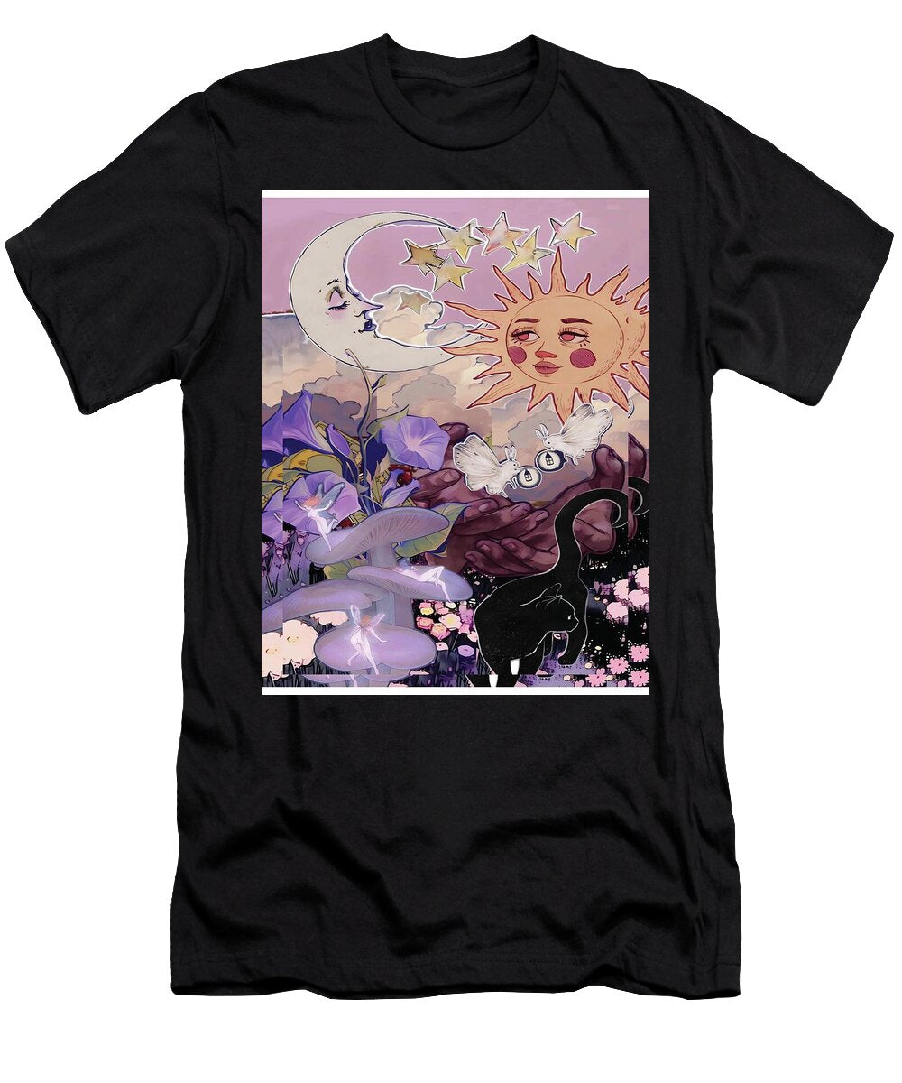 Whimsical Celestial Dreamscape with Moon and Sun Faces Fairy Garden and Mystic Mushrooms Heather Bonow T-Shirt