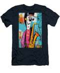 Whimsical Character Playing Saxophone Surrounded By Vibrant Colors and Abstract Shapes Olfactoart Studio T-Shirt