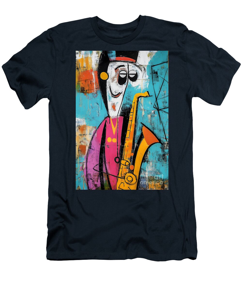 Whimsical Character Playing Saxophone Surrounded By Vibrant Colors and Abstract Shapes Olfactoart Studio T-Shirt