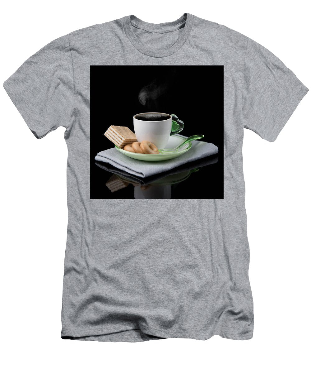 White Cup of Coffee and Waffles Isolated on Dark Background Aleksandr Rybin T-Shirt