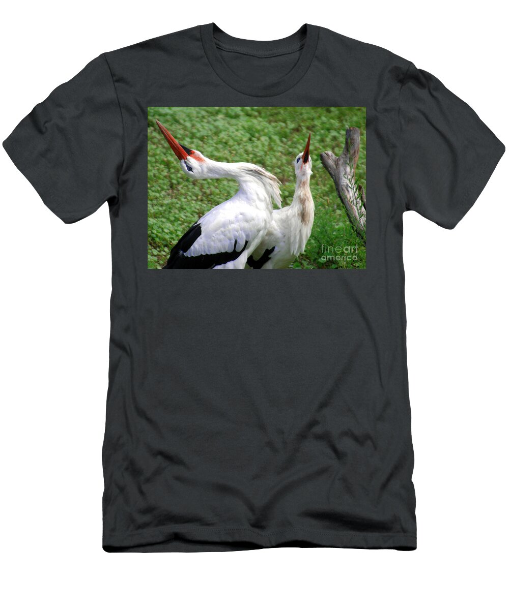 White Stork in Bonding Ritual Pose Michael Ray T-Shirt