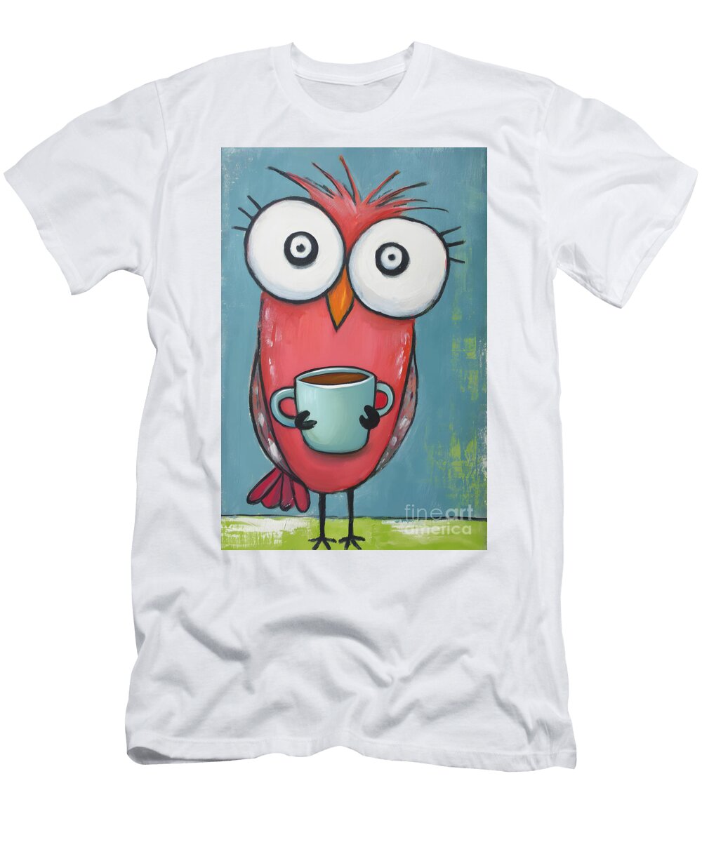 Wide Eyed Owl with Coffee Cup Olfactoart Studio T-Shirt