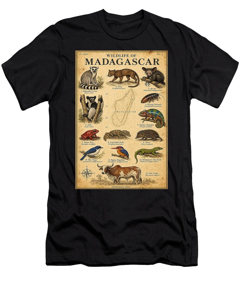 Wildlife of Madagascar Poster Vintage Animal Poster Lemur Chameleon Chart Amanda Hyde T-Shirt