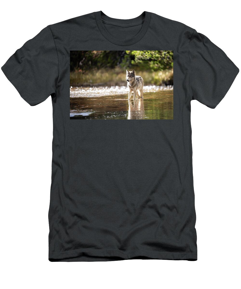 Wolf Stands Majestically in River Julie Argyle T-Shirt