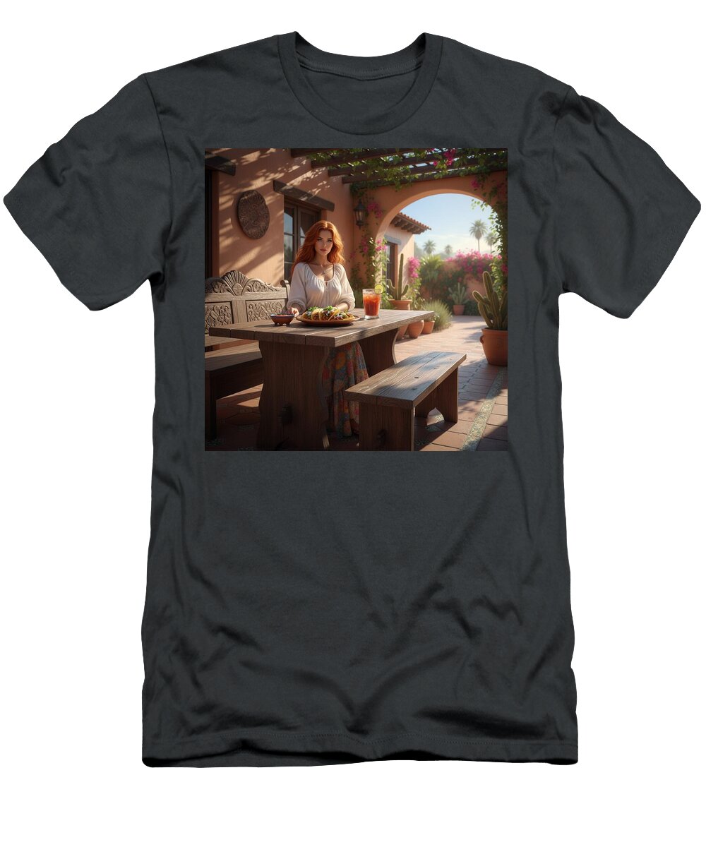 Woman Dining in Sunlit Patio Scott D Van Osdol T-Shirt