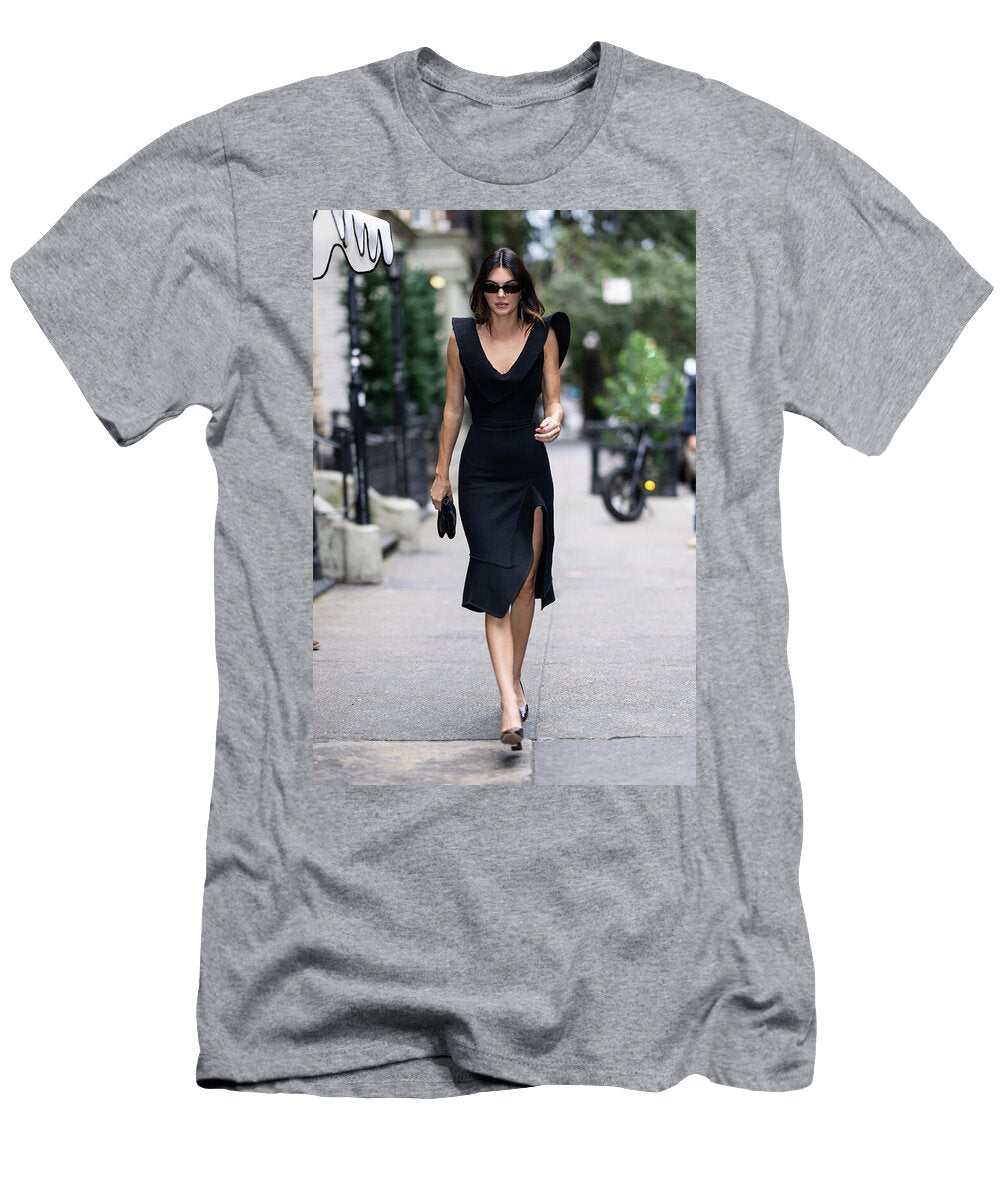 Woman in Black Dress Walking on the Sidewalk Roseel Carm T-Shirt