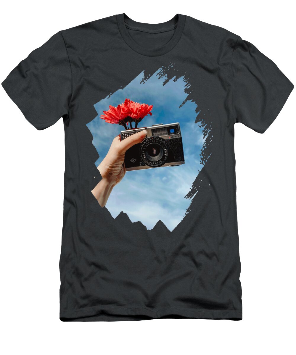 Woman Showing Retro Photo Camera and Holding Blooming Flower Mounir Khalfouf T-Shirt