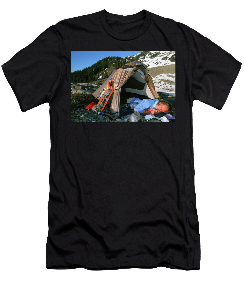 Woman Sleeping in Tent Below Snow Rich Wheater T-Shirt