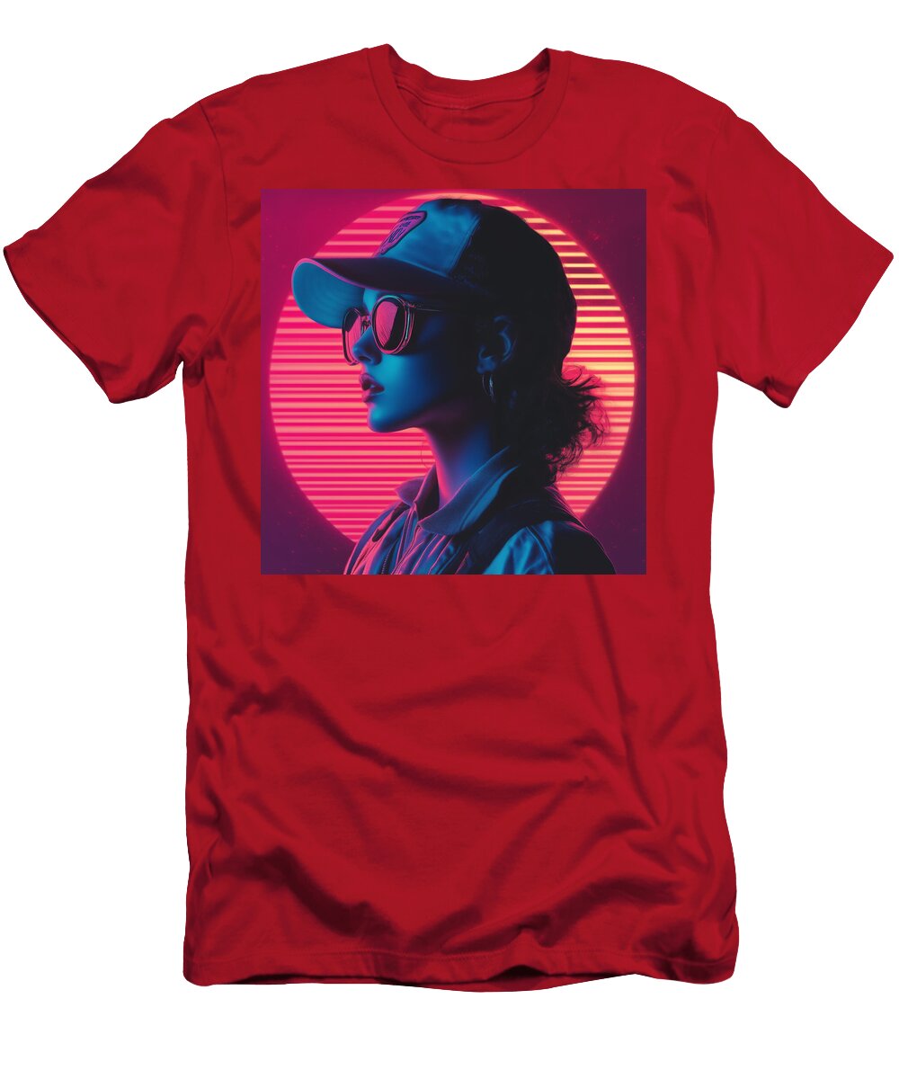 Woman with Sunglasses and Baseball Cap Against Neon Circle Bulble Baro T-Shirt