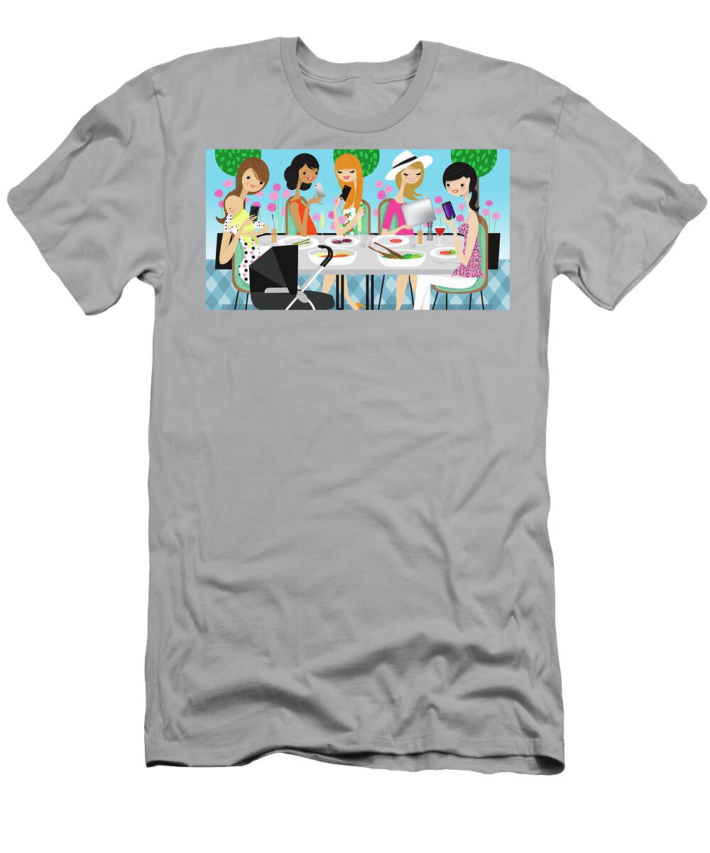 Women Friends Using Cell Phones Ikon Ikon Images T-Shirt