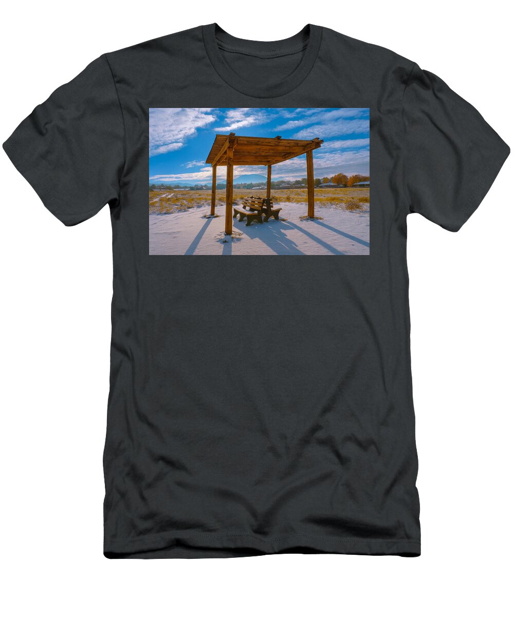 Wooden Pergola in Snowy Field Mario G Rivera T-Shirt