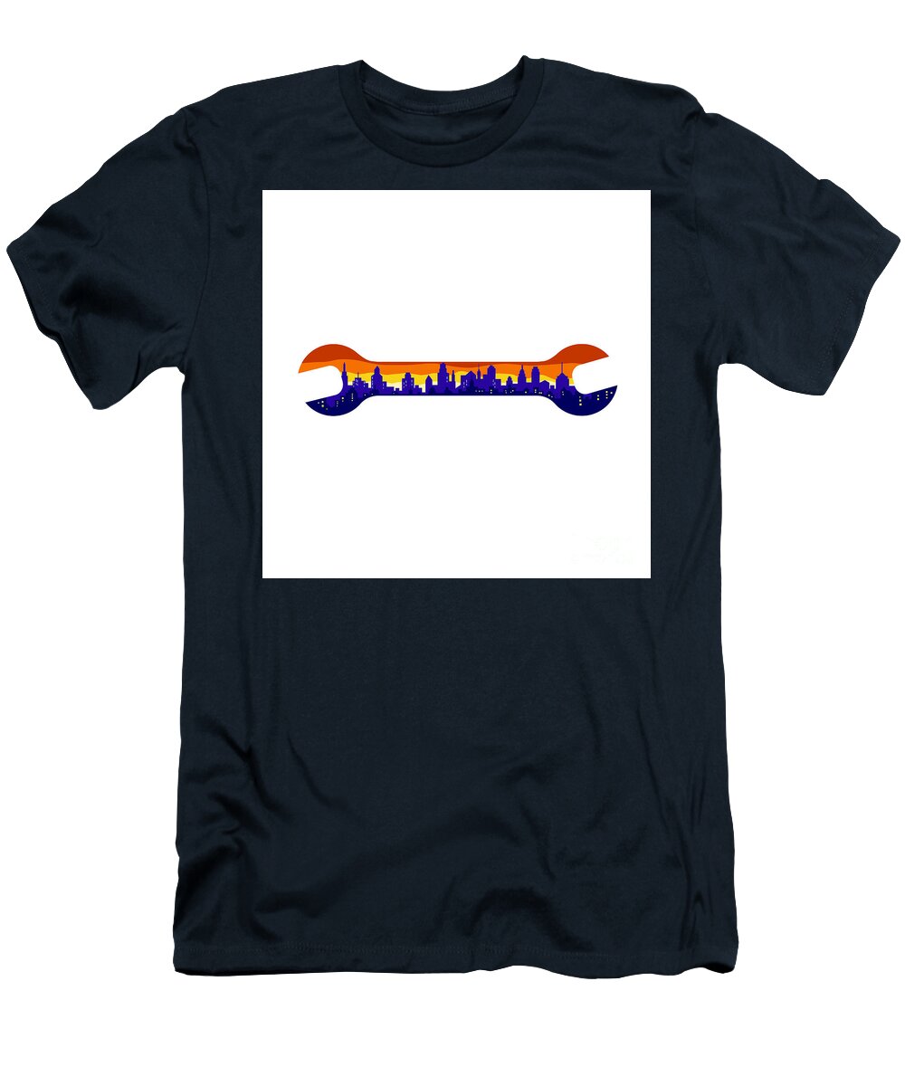 Wrench with Cityscape Buildings Silhouette Retro Aloysius Patrimonio T-Shirt
