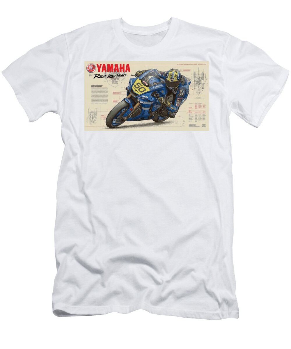 Yamaha Racing Motorcycle Blueprint Kevin Walker and Pixel Reverie T-Shirt