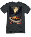 Yellow Car Driving Through a Snowy Forest Road Kyran Estrada T-Shirt