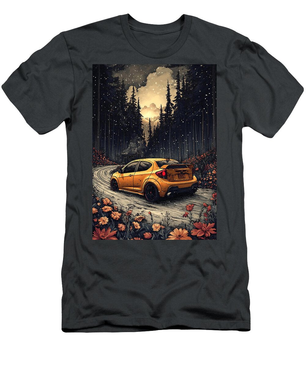 Yellow Car Driving Through a Snowy Forest Road Kyran Estrada T-Shirt