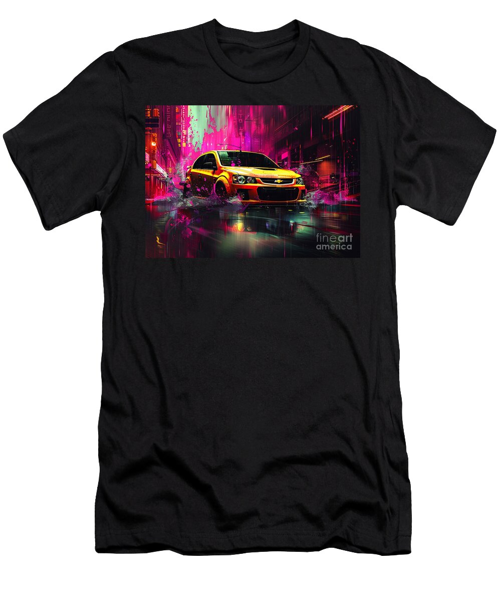 Yellow Car Speeding Through Neon City Rain Lowell Harann T-Shirt