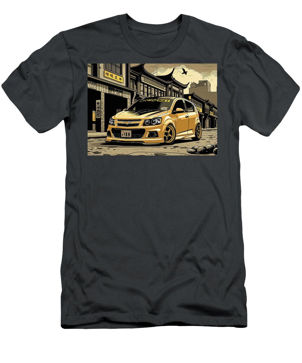 Yellow Chevrolet Sonic Car in a Cityscape Street Art Illustration Destiney Sullivan T-Shirt
