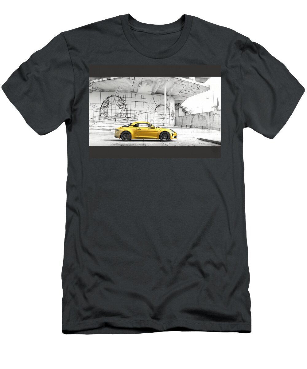 Yellow Sports Alpine A110 Parked in Front of a Concrete Wall with Sketches Cortez Schinner T-Shirt