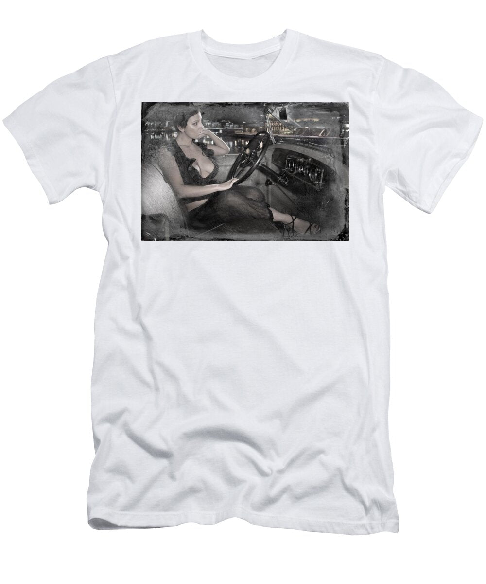 Young Girl in the Cabin of an Vintage Car Andrey Godyaykin T-Shirt