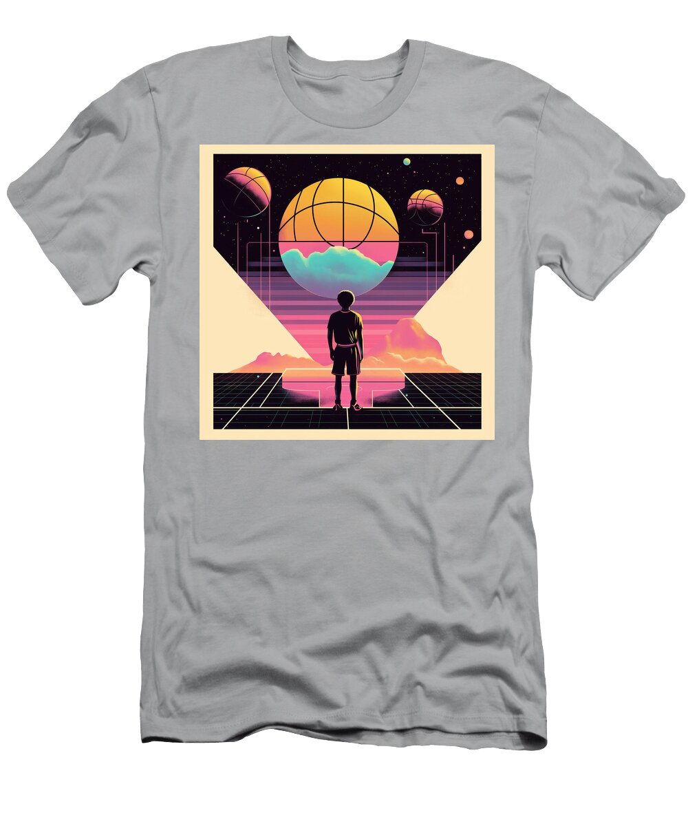 Young Man Dreams of Basketball Greatness in a Vibrant Retro Fut Reborah Barbieri T-Shirt