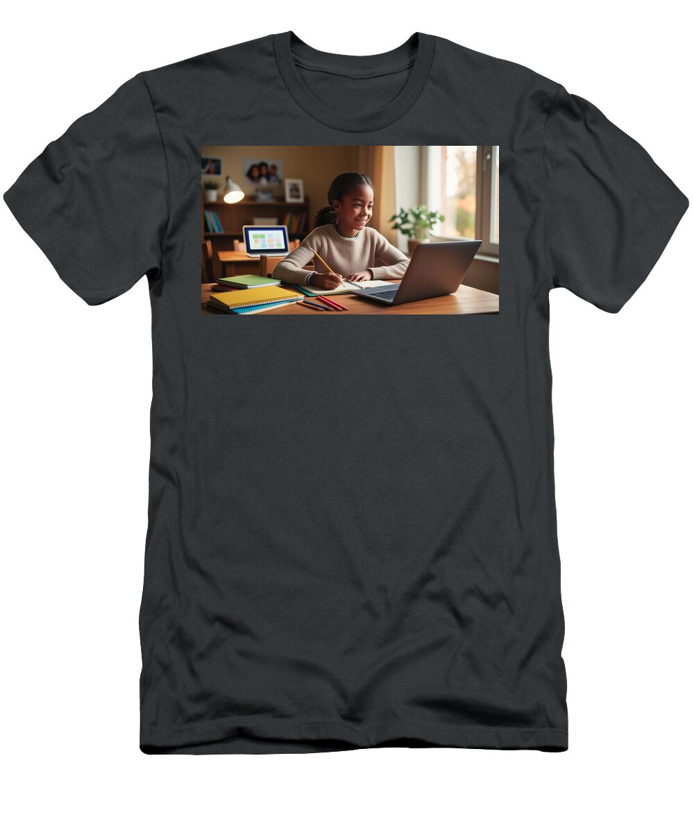 Young Student Girl Studying Online At Home with Laptop and Notebook Talha Khan T-Shirt