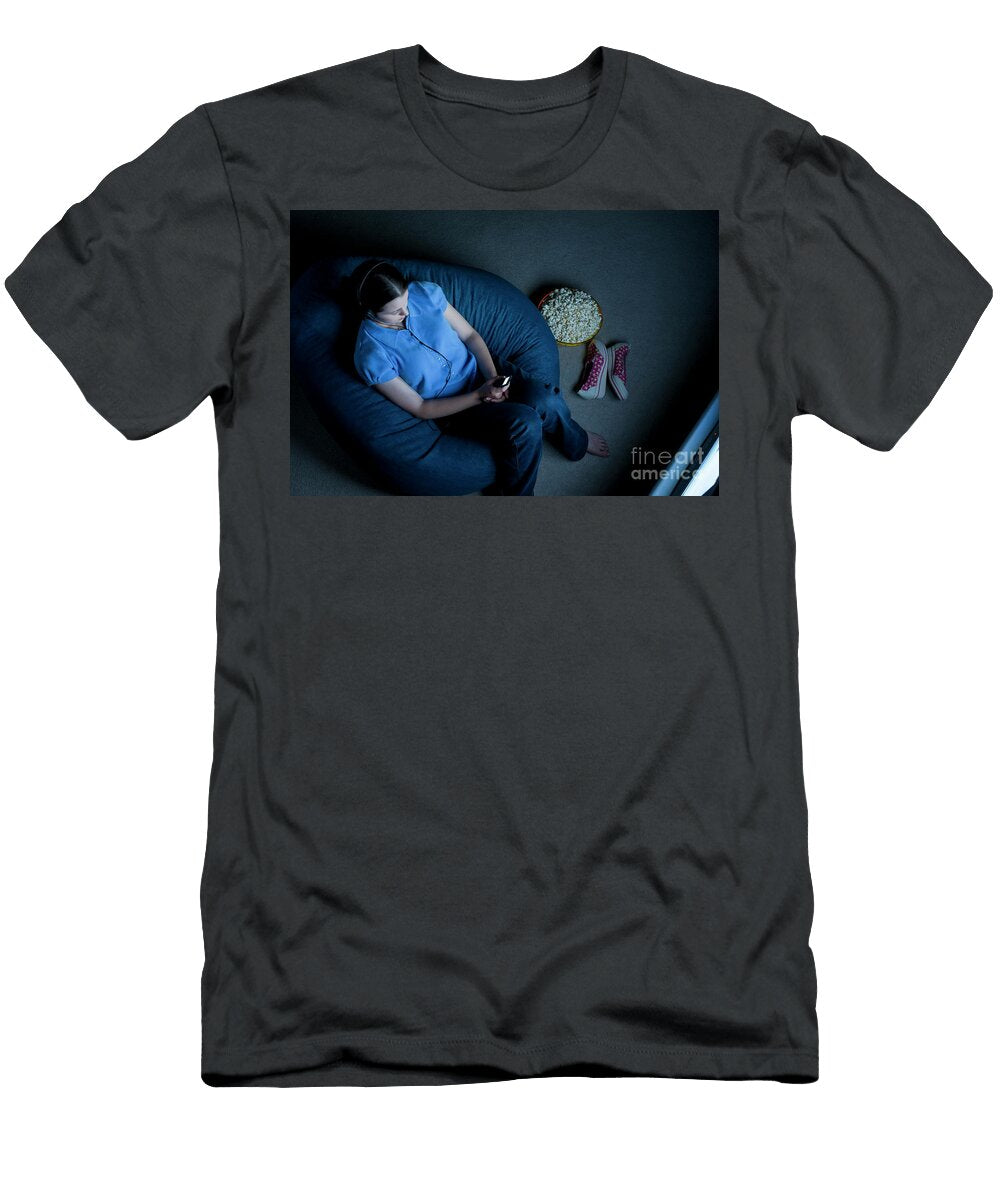 Young Teenager Watching Tv and Texting Jim Corwin T-Shirt