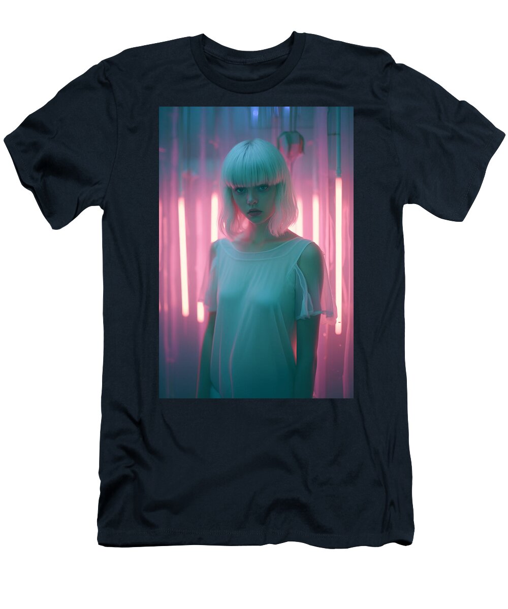 Young Woman with Blonde Hair Poses Against Neon Lights Lolade Abiola T-Shirt